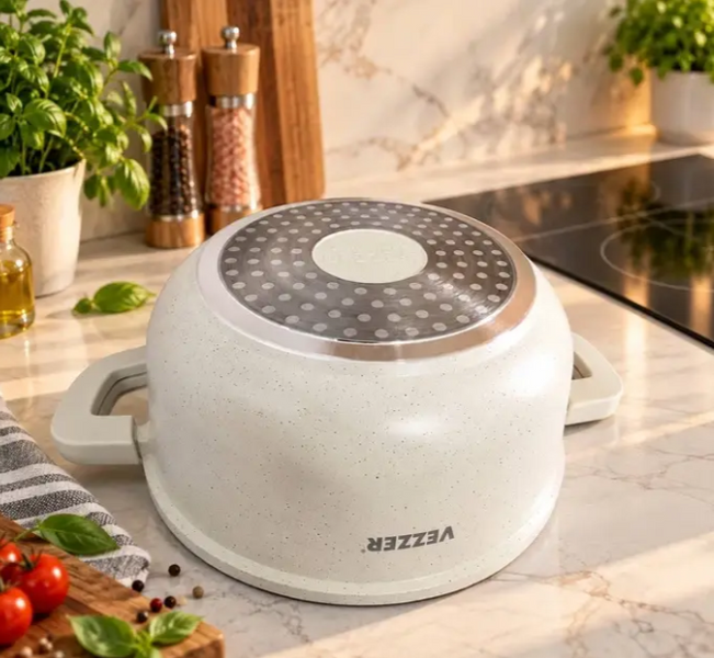 Каструля VEZZER 8107 3,5 л 22&times;10 см з білим мармуровим покриттям і кришкою VZ8107 фото