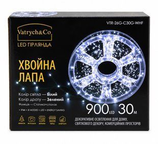 Гірлянда новорічна Хвойна лапа 900 LED, 30 м, холодне біле світло, зелений дріт VTR-26G-C30G-WHF фото