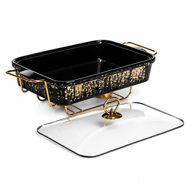 Фарфоровый мармит (кастрюля) с подогревом Black Gold 2 л со стеклянной крышкой ML-874-15 фото